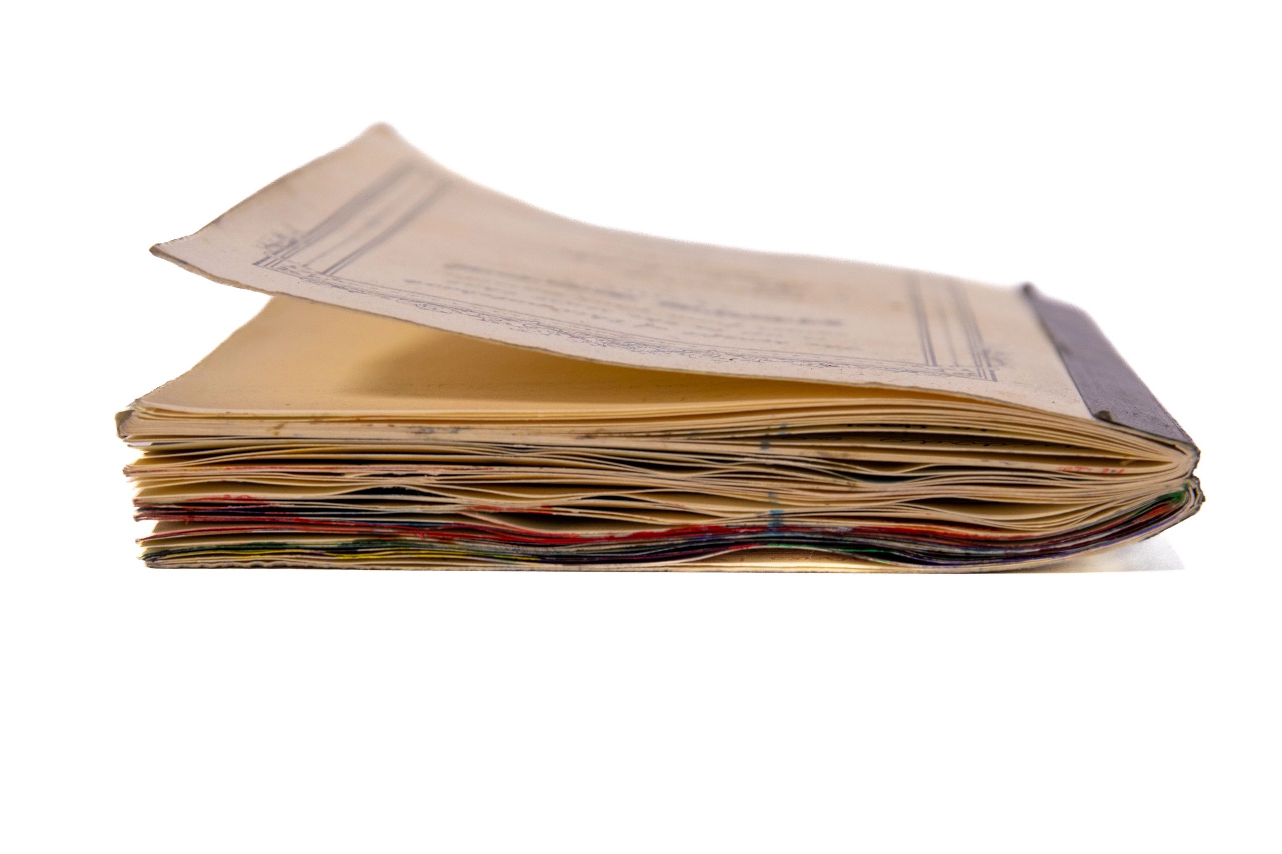 Vintage book with aged pages representing historical family documents